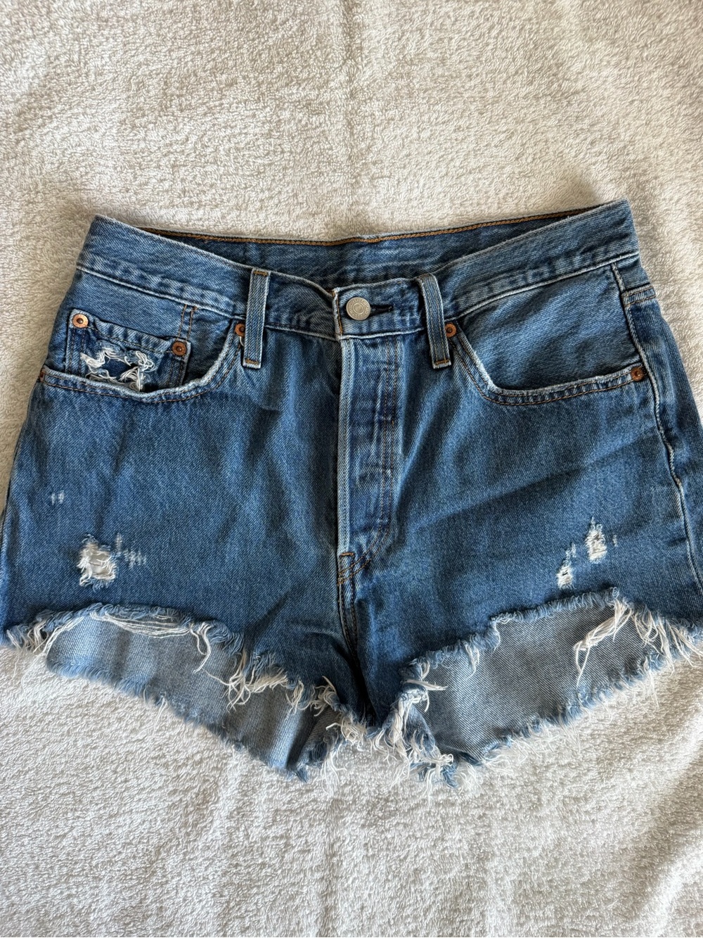 Levis 501 Classic High-Rise Distressed Denim Shorts - Blue